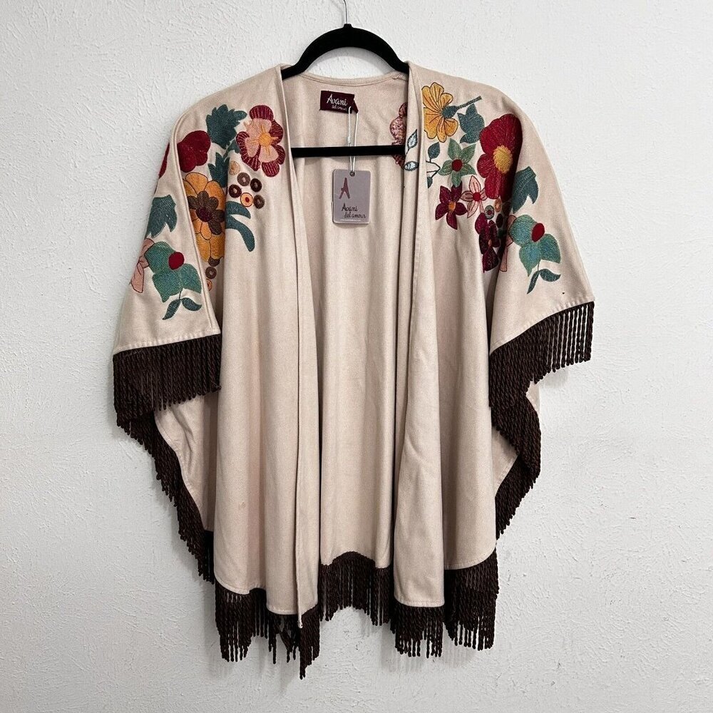 Avani Del Amour Beige Brown‎ Floral Faux Suede Wrap Shawl Size M Boho Fall Art